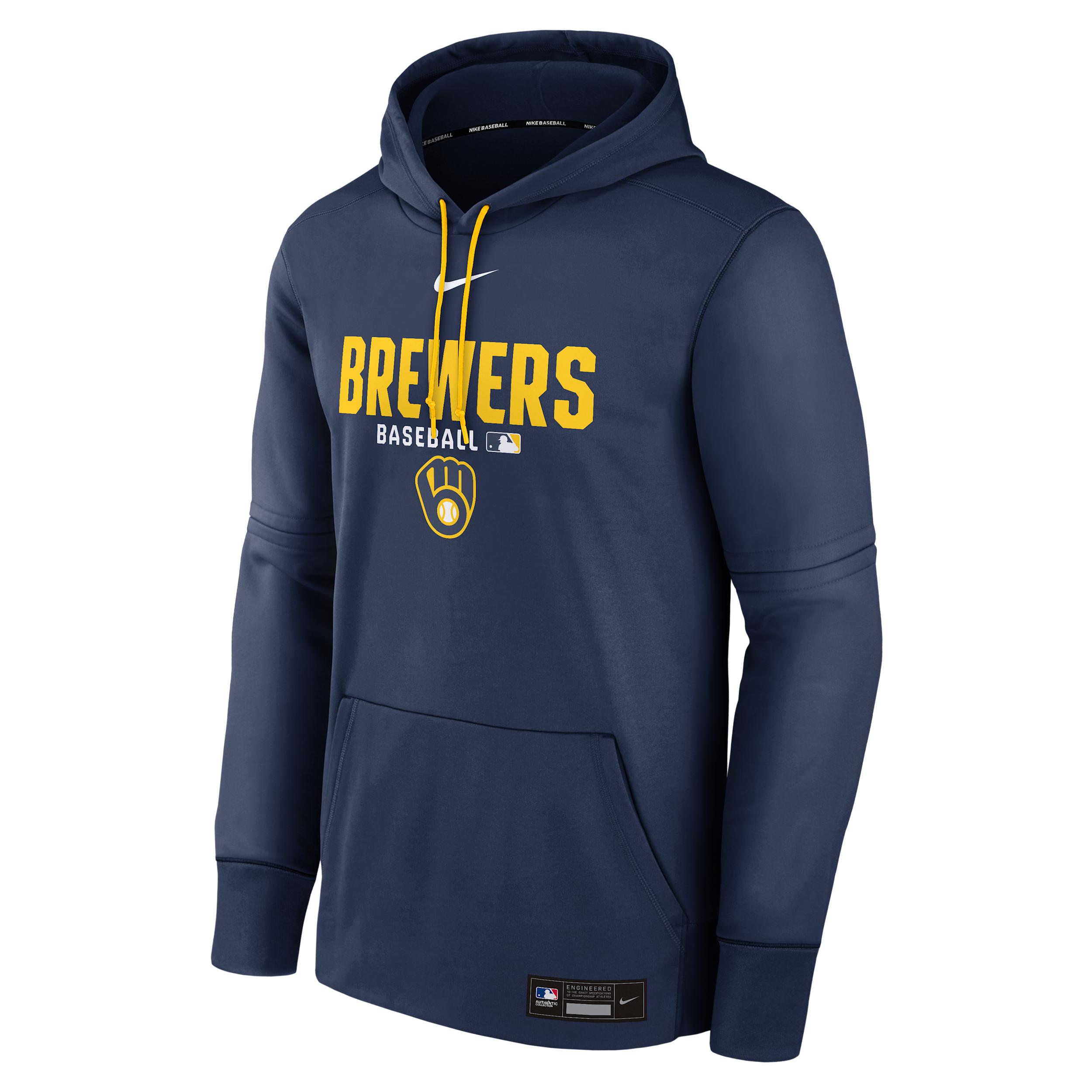 Men's Milwaukee Brewers Authentic Collection Nike Therma MLB Pullover Hoodie by NIKE