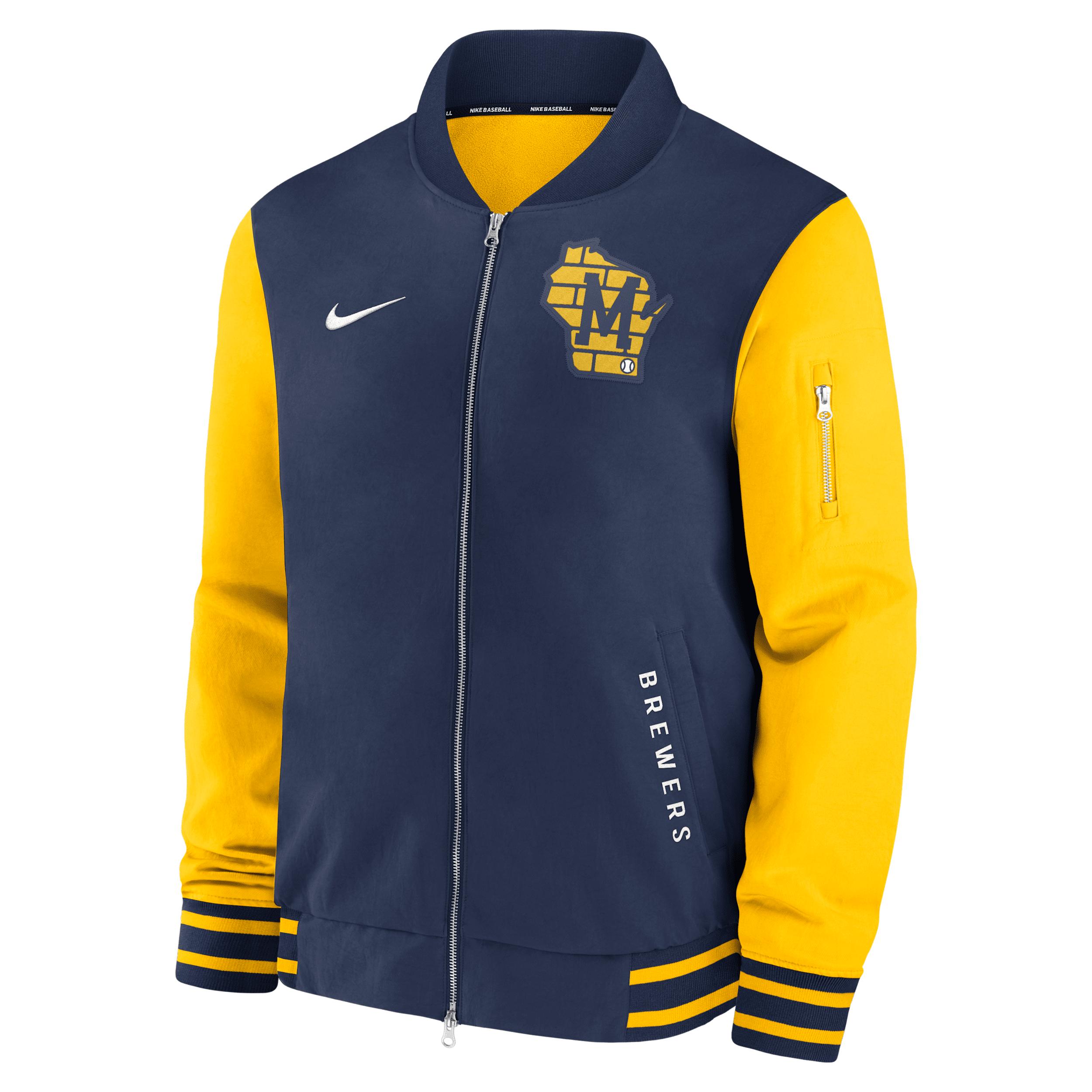 Milwaukee Brewers Authentic Collection Dugout Nike Men's MLB Full-Zip Bomber Jacket by NIKE