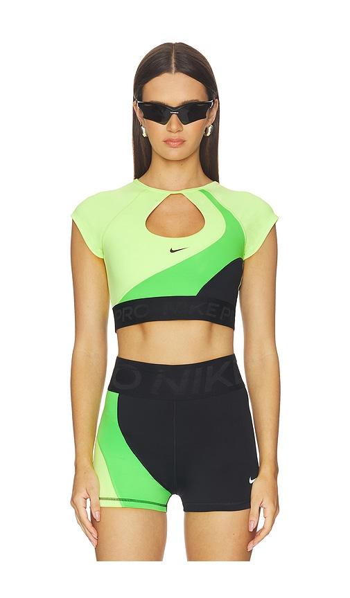 Nike Medium Support Padded Short Sleeve Sports Bra Top in Black,Green by NIKE