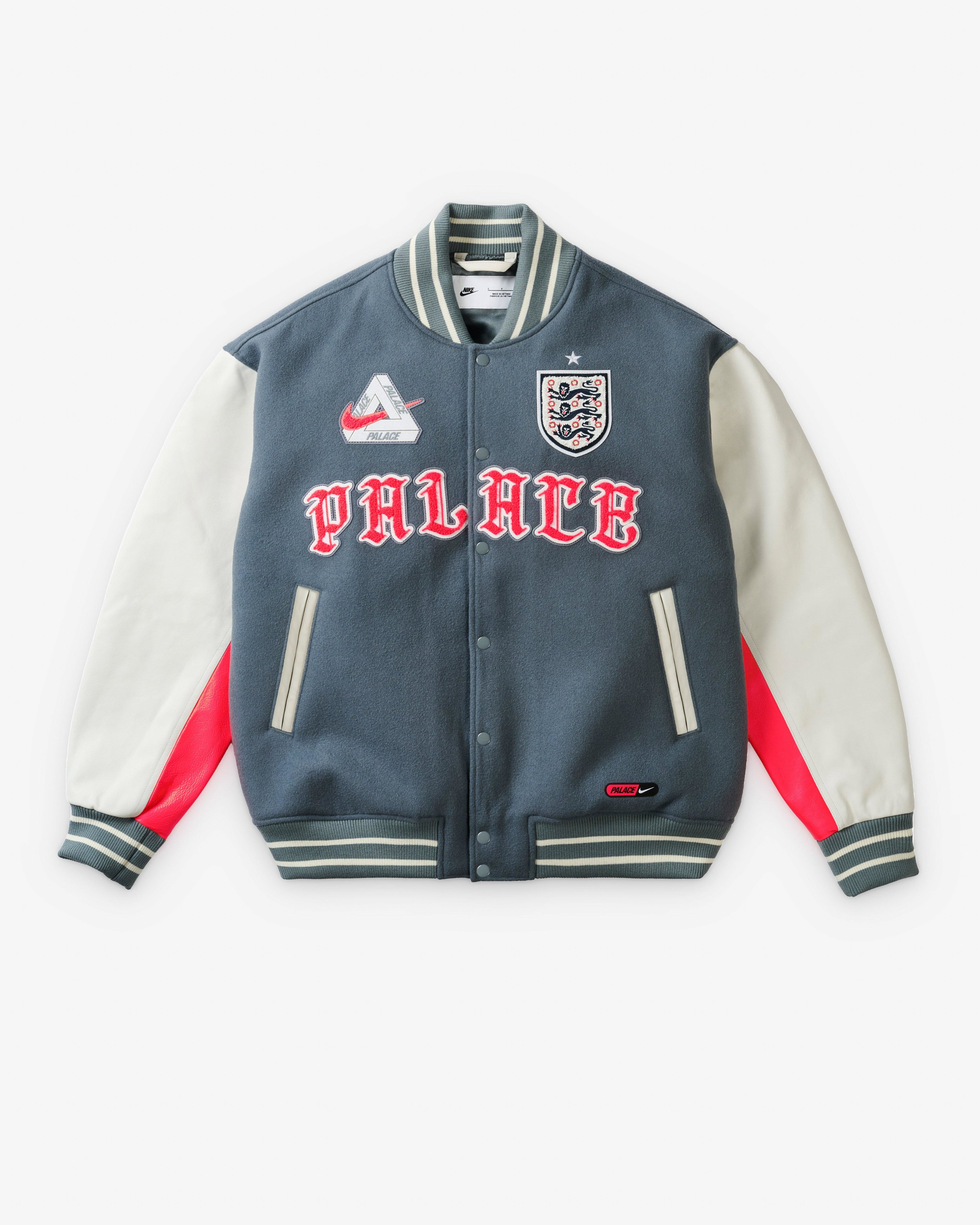 Nike - Men's Palace X England Varsity Jacket - (Cool Grey/Bright Crimson) by NIKE