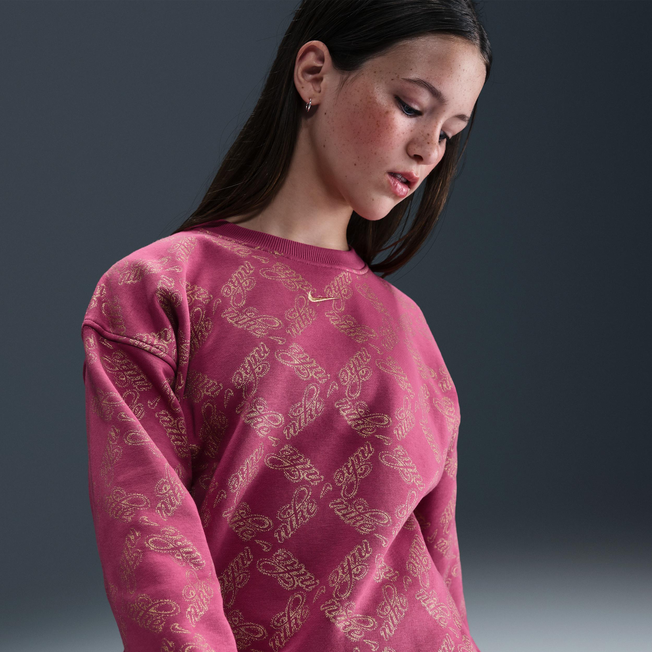 Nike Sportswear Club Fleece Big Kids' (Girls') Oversized Printed Crewneck Sweatshirt by NIKE