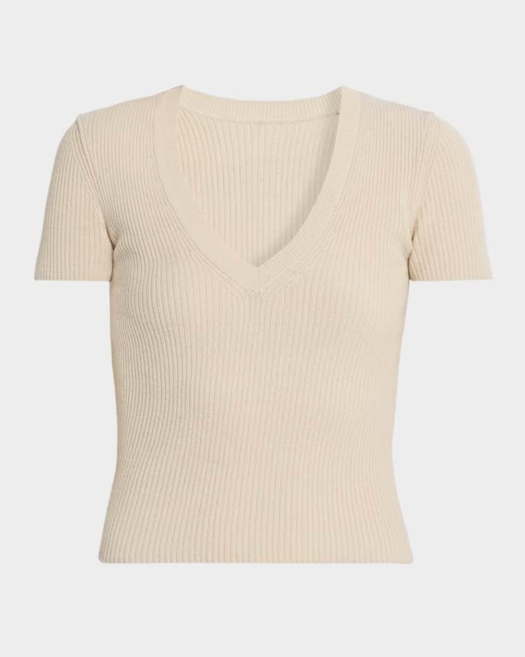 Italia Cotton-Silk Rib Short-Sleeve V-Neck Sweater by NILI LOTAN