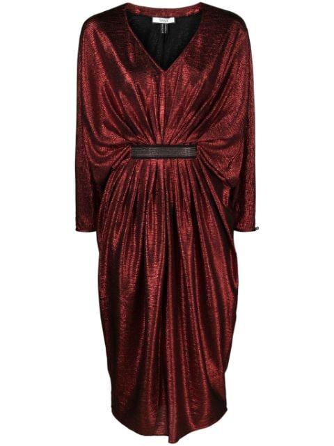 draped shimmer midi dress by NISSA