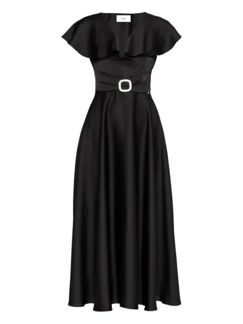ruffled belted satin dress by NISSA