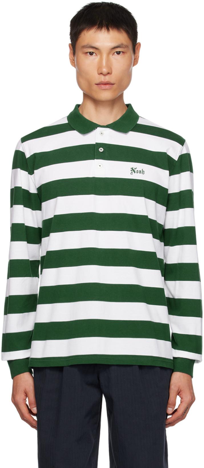 Green & White Striped Long Sleeve Polo by NOAH