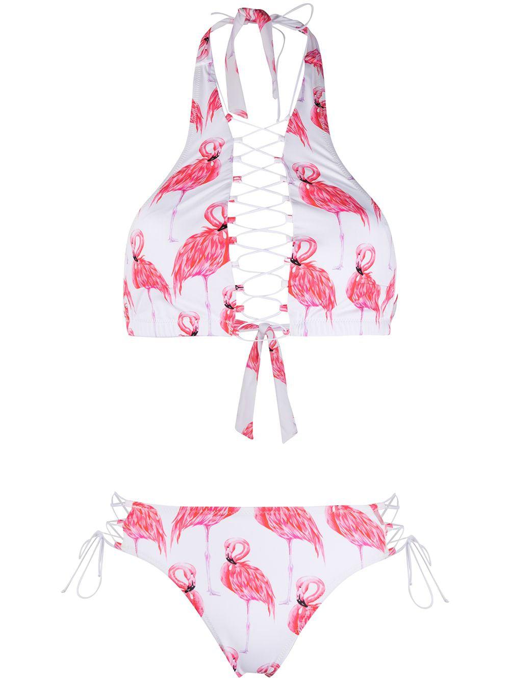 Addicted Flamingo lace-up bikini by NOIRE SWIMWEAR