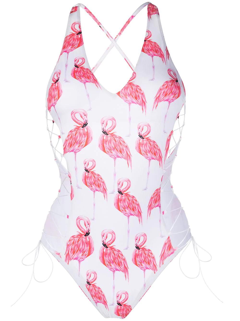 Flamingo print lace-up one-piece by NOIRE SWIMWEAR