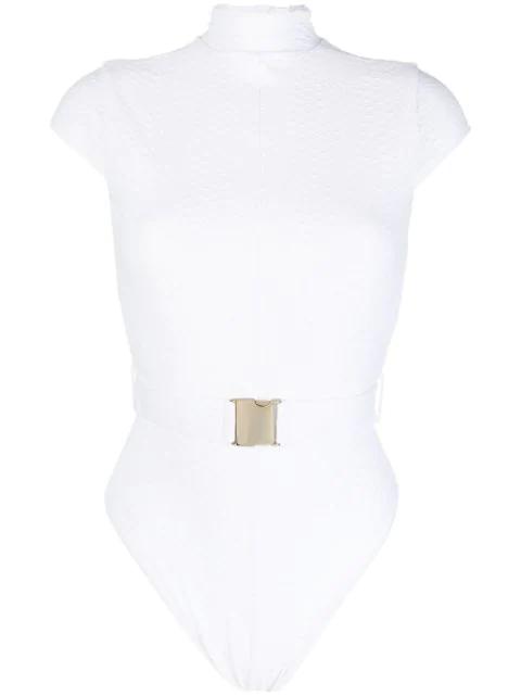 belted cap-sleeve swimsuit by NOIRE SWIMWEAR