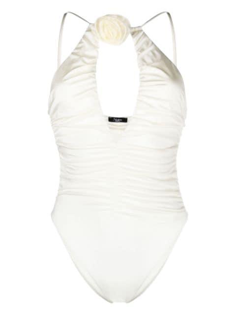 floral-appliqué ruched swimsuit by NOIRE SWIMWEAR