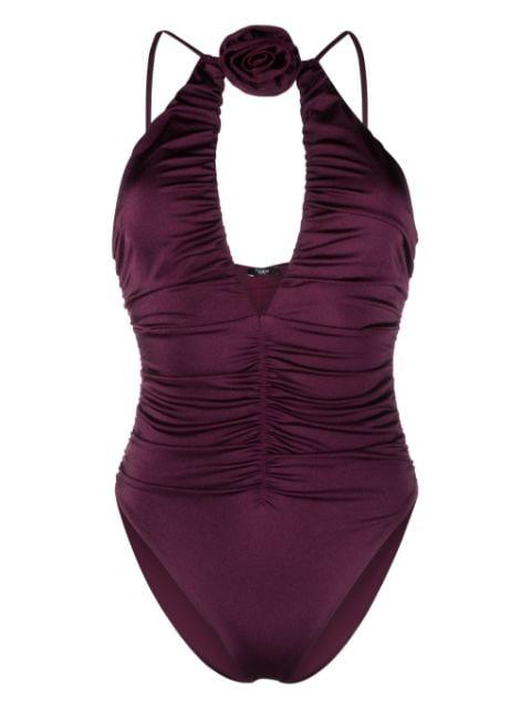 floral-appliqué ruched swimsuit by NOIRE SWIMWEAR