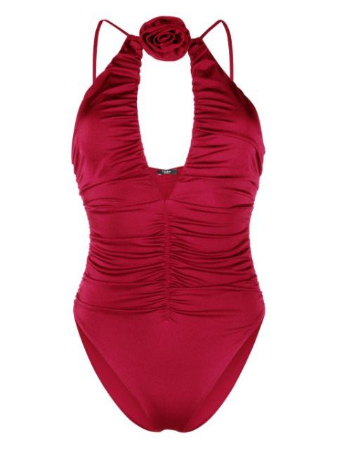 floral-appliqué ruched swimsuit by NOIRE SWIMWEAR