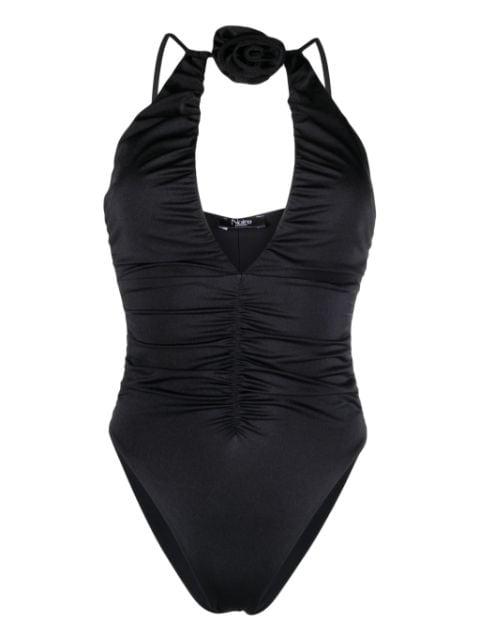 floral-appliqué ruched swimsuit by NOIRE SWIMWEAR