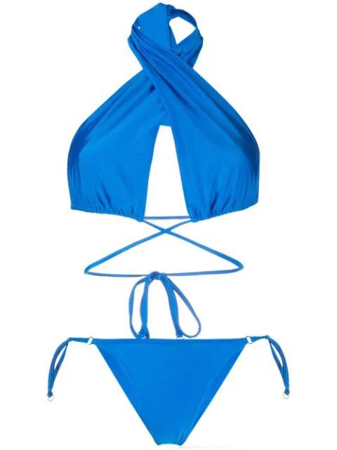 shiny-finish triangle-cup bikini set by NOIRE SWIMWEAR