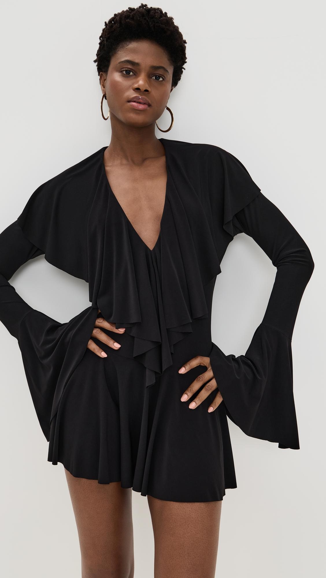 Long Sleeve Deep V Ruffle Mini Dress by NORMA KAMALI