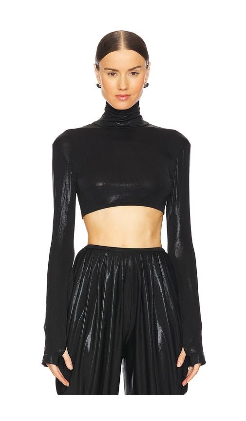 Norma Kamali Cropped Slim Fit Long Sleeve Turtleneck Top in Black by NORMA KAMALI