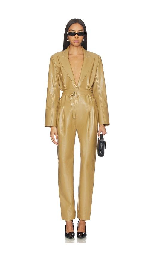 Norma Kamali Easy Fit Single Breasted Tapered Leg Jumpsuit in Tan by NORMA KAMALI