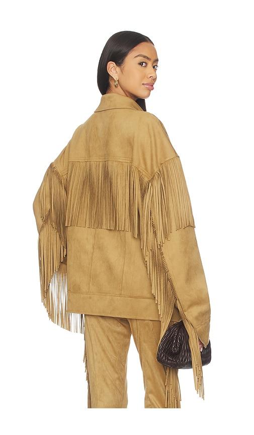 Norma Kamali Fringe Oversized Jean Jacket in Tan by NORMA KAMALI
