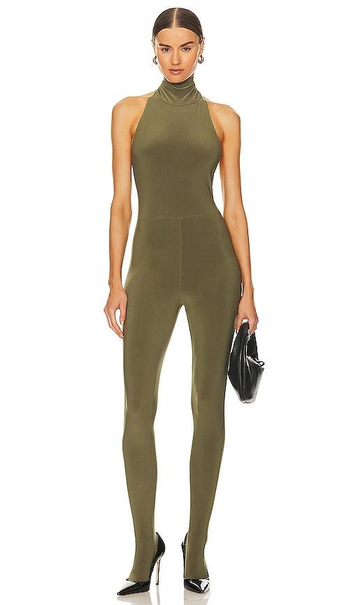 Norma Kamali Halter Turtle Catsuit With Footsie in Olive by NORMA KAMALI
