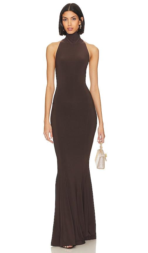 Norma Kamali Halter Turtle Fishtail Gown in Chocolate by NORMA KAMALI