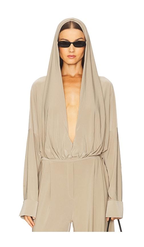 Norma Kamali Hooded Super Oversized BF NK Shirt Bodysuit in Taupe by NORMA KAMALI