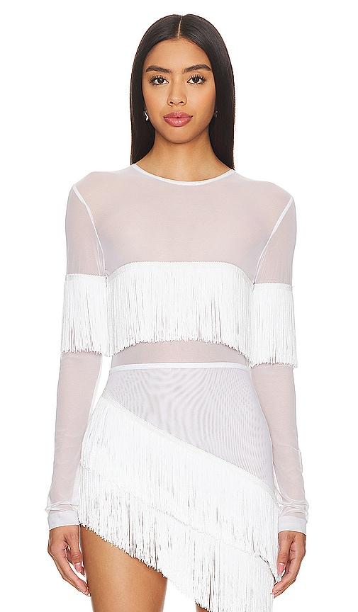 Norma Kamali Long Sleeve Crewneck Fringe Top in White by NORMA KAMALI