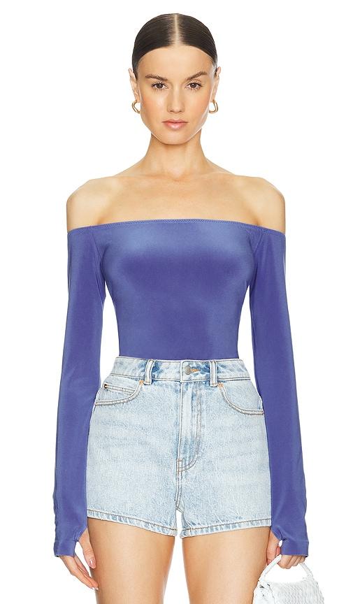 Norma Kamali Long Sleeve Off Shoulder Top in Blue by NORMA KAMALI