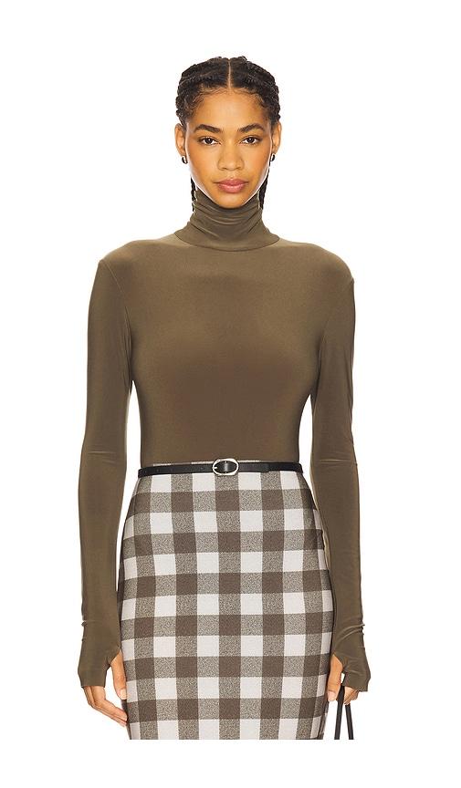 Norma Kamali Long Sleeve Turtleneck Bodysuit in Olive by NORMA KAMALI