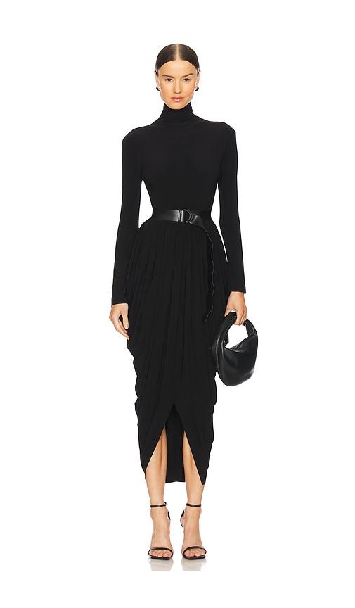 Norma Kamali Long Sleeve Turtleneck Waterfall Dress in Black by NORMA KAMALI