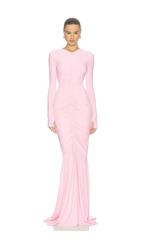 Norma Kamali Long Sleeve V Neck Shirred Front Fishtail Gown in Pink by NORMA KAMALI