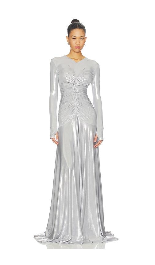 Norma Kamali Long Sleeve V Neck Shirred Front Flared Gown in Metallic Silver, grey by NORMA KAMALI