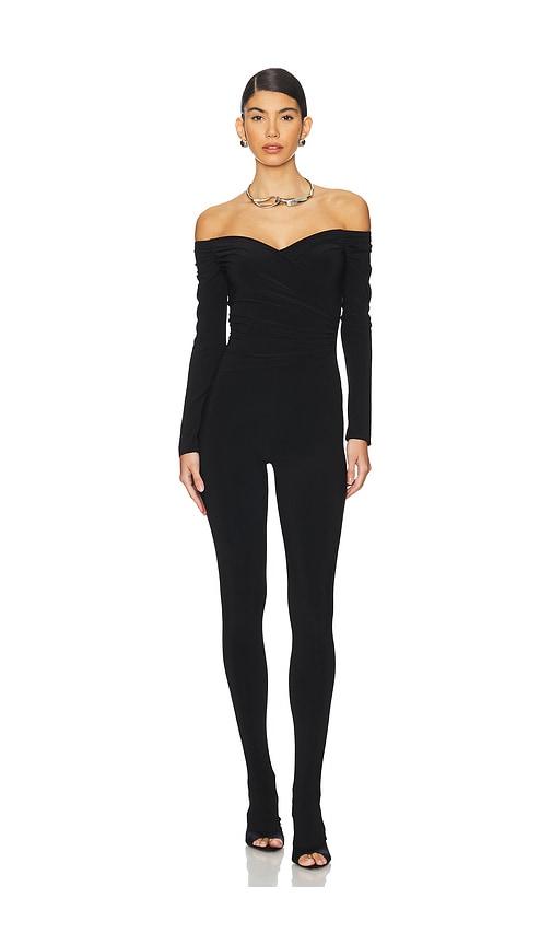 Norma Kamali Off Shoulder Sweetheart Catsuit With Footie in Black by NORMA KAMALI