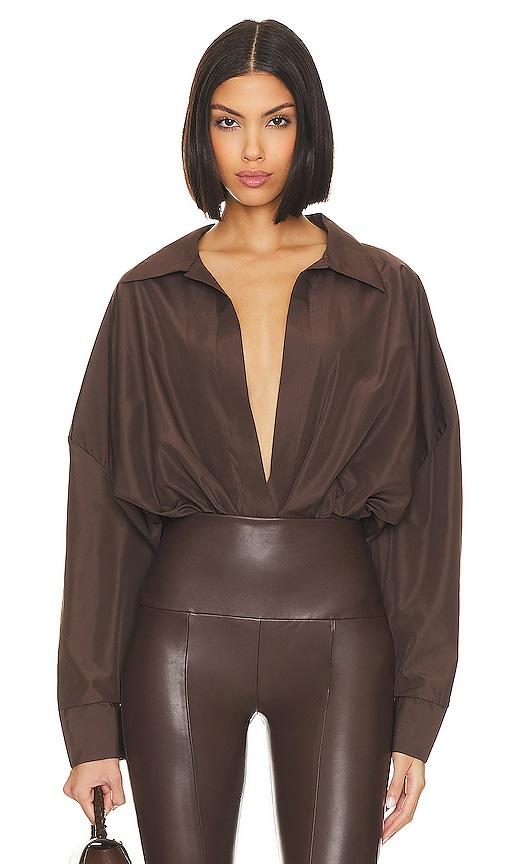 Norma Kamali Oversized Boyfriend Shirt Bodysuit in Chocolate by NORMA KAMALI