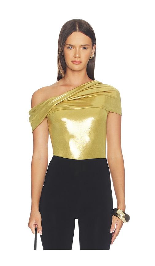 Norma Kamali Sleeveless Cowl Neck Hooded Bodysuit in Metallic Gold by NORMA KAMALI