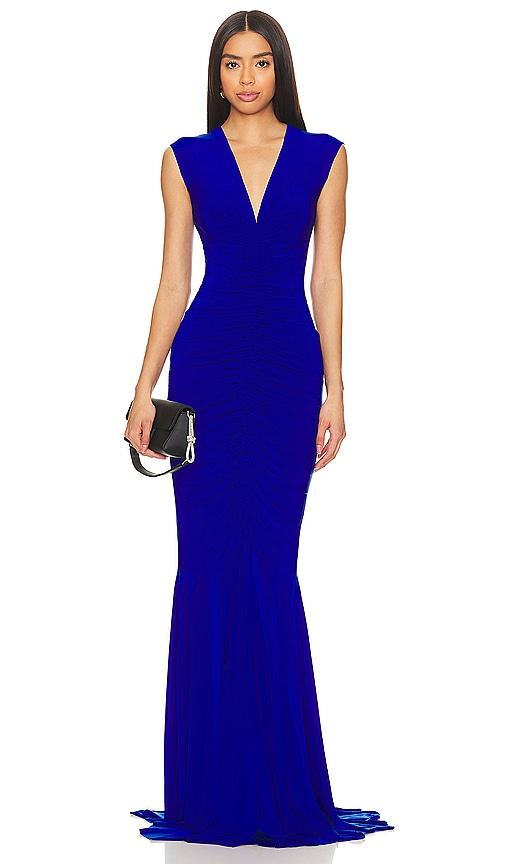 Norma Kamali Sleeveless Deep V Neck Shirred Front Fishtail Gown in Royal by NORMA KAMALI