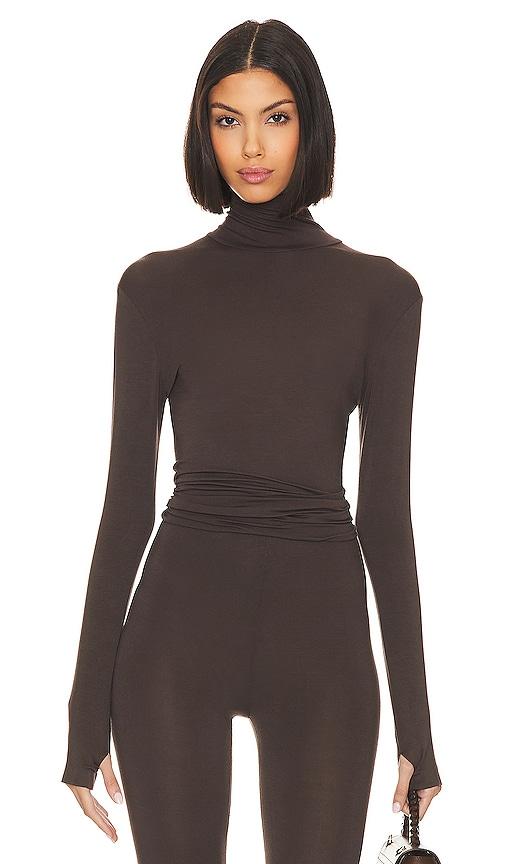 Norma Kamali Slim Fit Long Sleeve Turtle Top in Chocolate by NORMA KAMALI