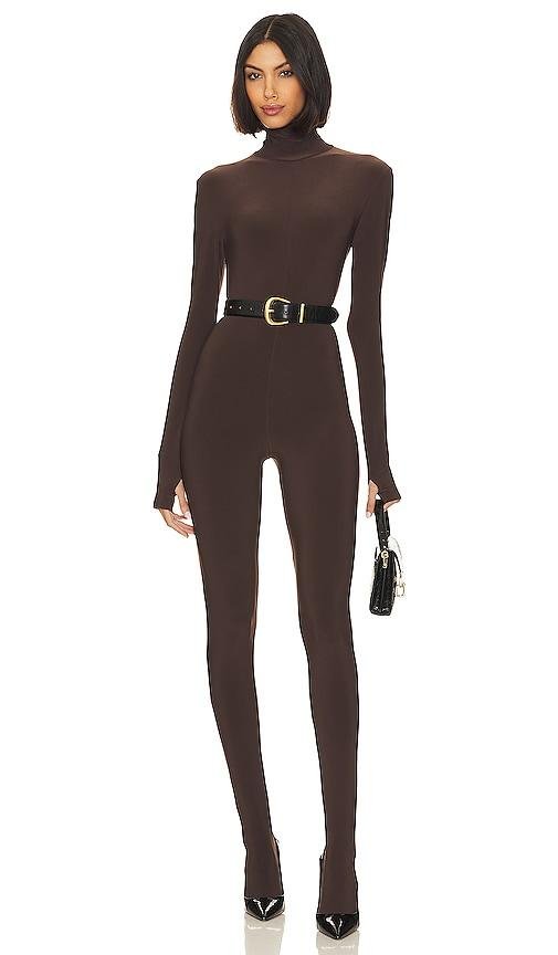 Norma Kamali Slim Fit Turtle Catsuit With Footsie in Chocolate by NORMA KAMALI