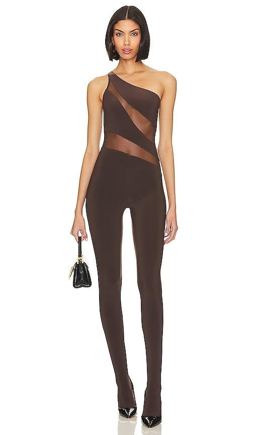 Norma Kamali Snake Mesh Catsuit With Footsie in Chocolate by NORMA KAMALI