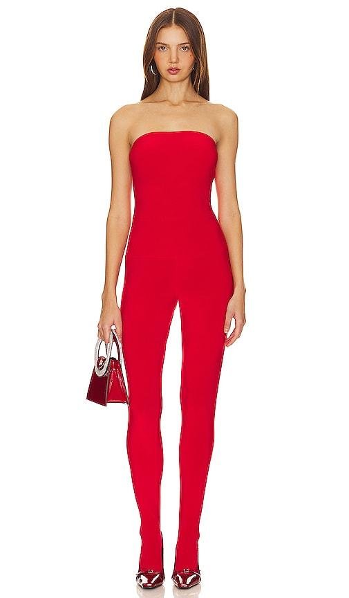 Norma Kamali Strapless Catsuit With Footsie in Red by NORMA KAMALI