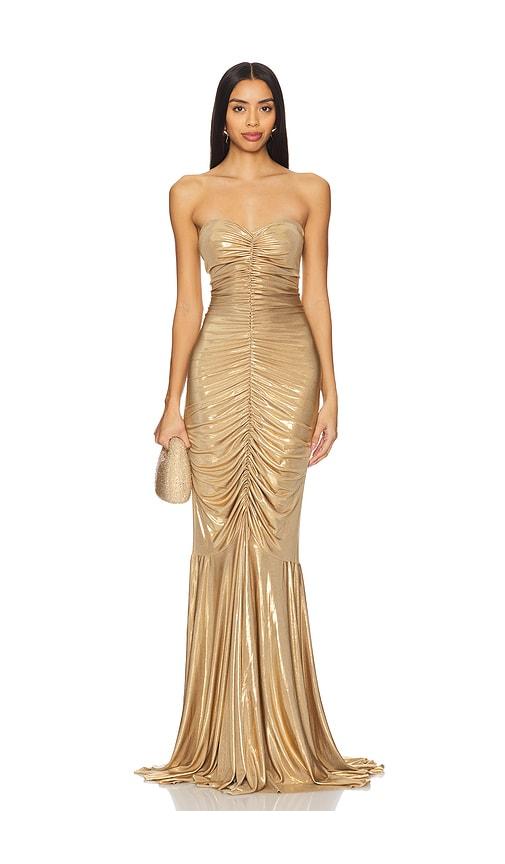 Norma Kamali Strapless Shirred Front Fishtail Gown in Metallic Gold by NORMA KAMALI