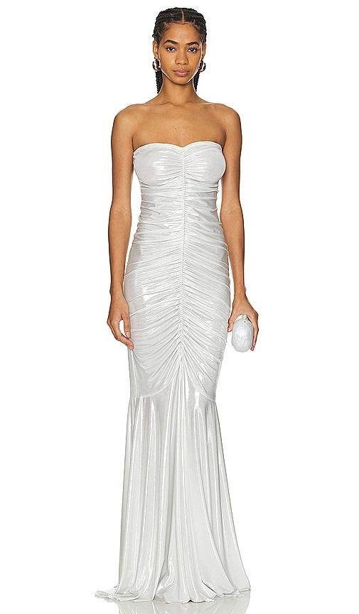 Norma Kamali Strapless Shirred Front Fishtail Gown in White by NORMA KAMALI