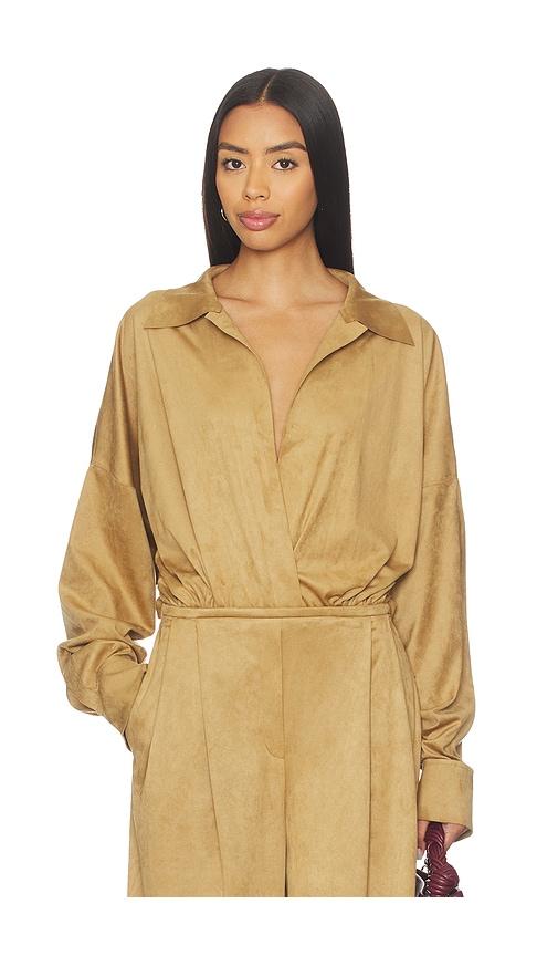 Norma Kamali Super Oversized Boyfriend Shirt Bodysuit in Tan by NORMA KAMALI