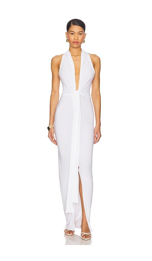 Norma Kamali Tie Front Halter Gown in White by NORMA KAMALI Norma Kamali Tie Front Halter Gown in White by NORMA KAMALI