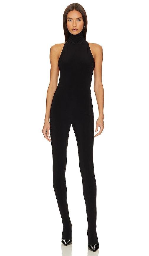Norma Kamali X Revolve Halter Turtle Catsuit With Footsie in Black by NORMA KAMALI