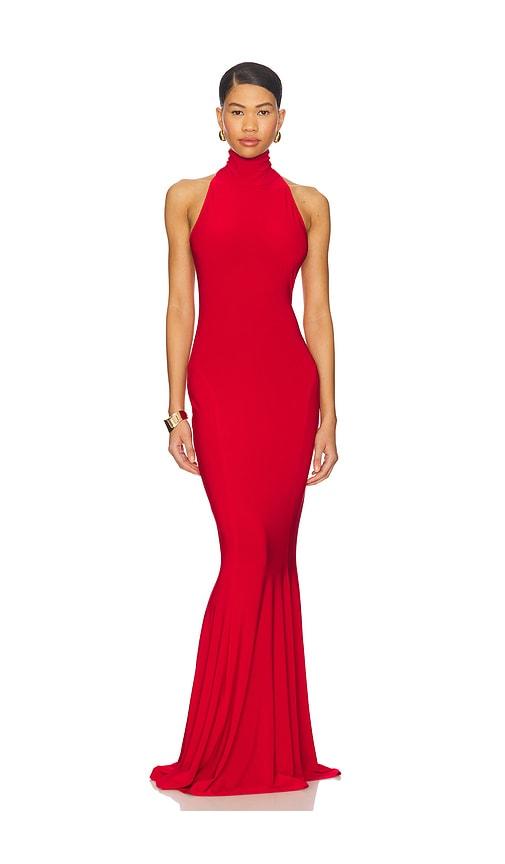 Norma Kamali x REVOLVE Halter Turtle Fishtail Gown in Red by NORMA KAMALI