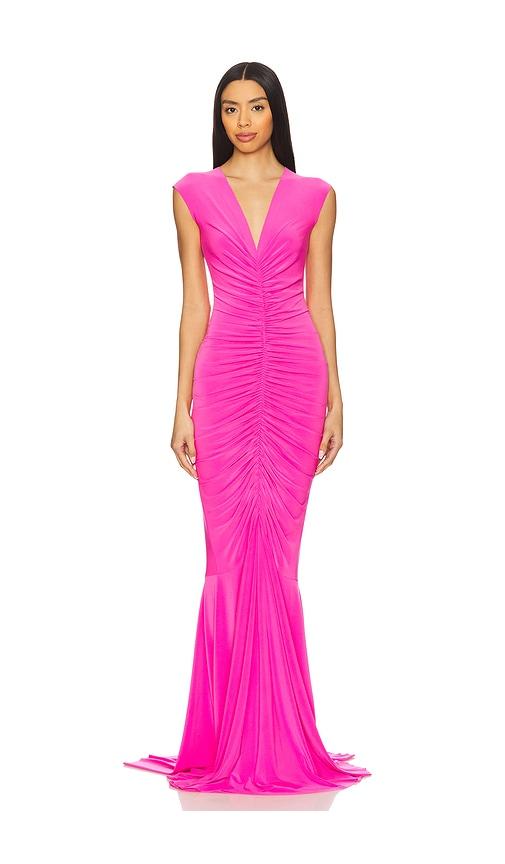 Norma Kamali x REVOLVE Sleeveless Deep V Neck Shirred Front Fishtail Gown in Pink by NORMA KAMALI