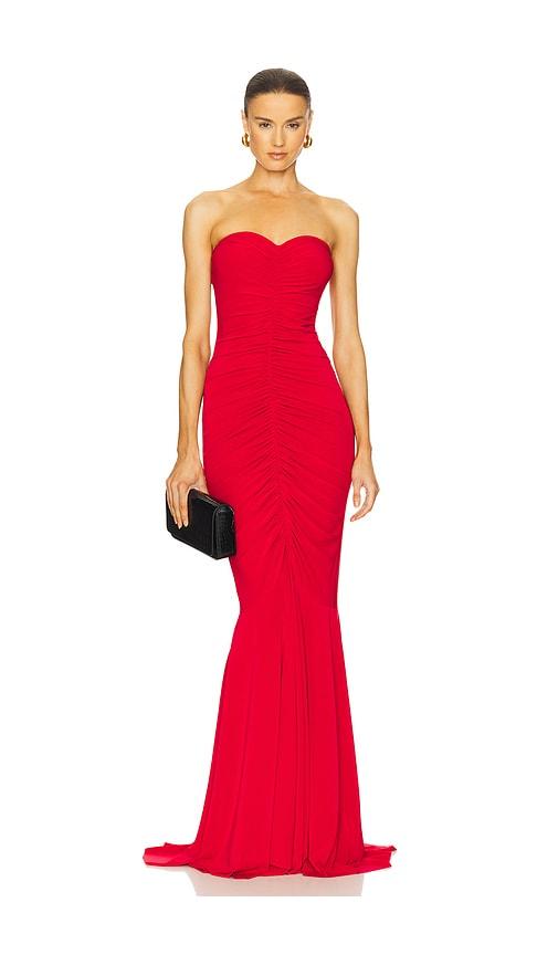 Norma Kamali x REVOLVE Strapless Shirred Front Fishtail Gown in Red by NORMA KAMALI
