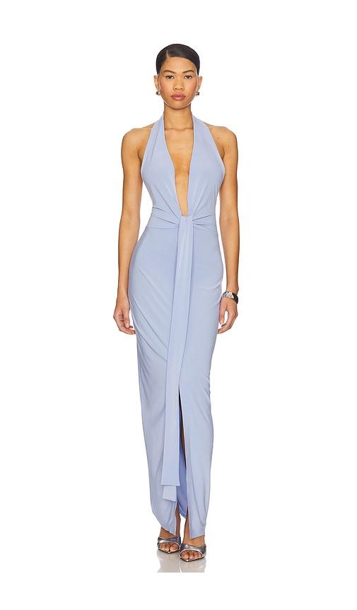 Norma Kamali x REVOLVE Tie Front Halter Gown in Baby Blue by NORMA KAMALI