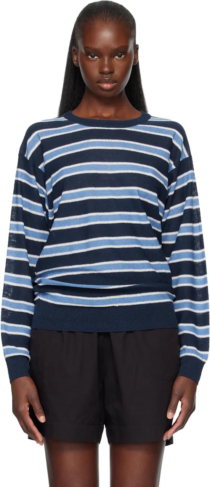 Blue Stripe Round Pullover Sweater by NOTHING WRITTEN