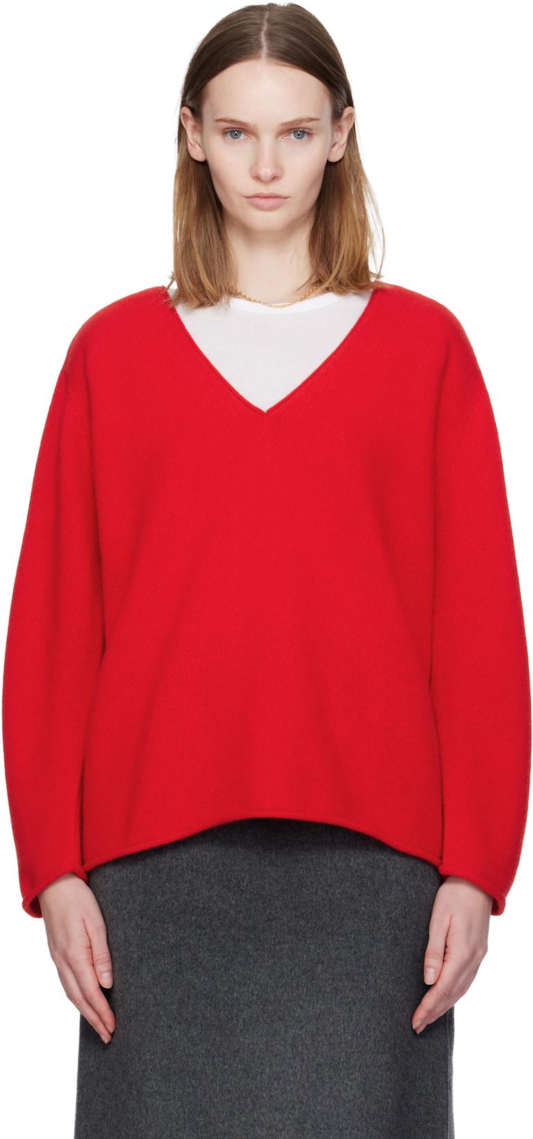 Red Cerin Deep V-Neck Sweater by NOTHING WRITTEN