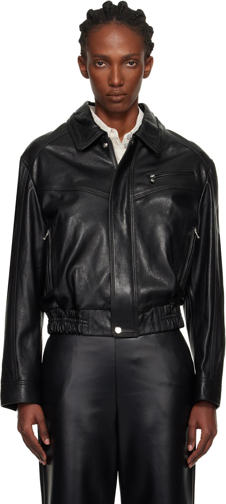 Black Clint Cropped Leather Bomber Jacket by NOUR HAMMOUR